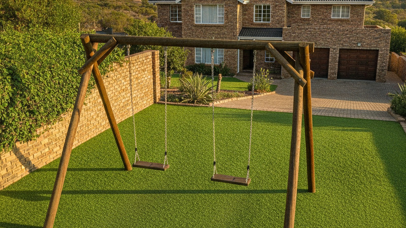 Artificial grass lawn with a swing set at a Brackenfell family home