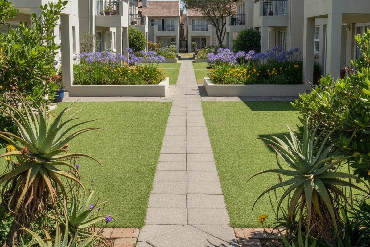 Artificial grass in the common garden of a residential complex