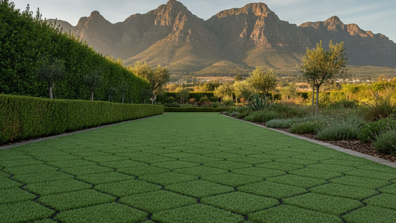 Artificial grass lawn in a Helderberg garden below the mountain range