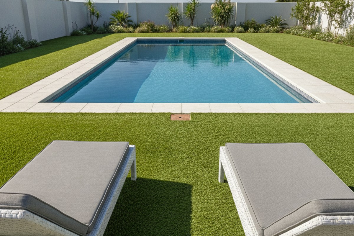 Artificial grass laid to the coping around a suburban swimming pool