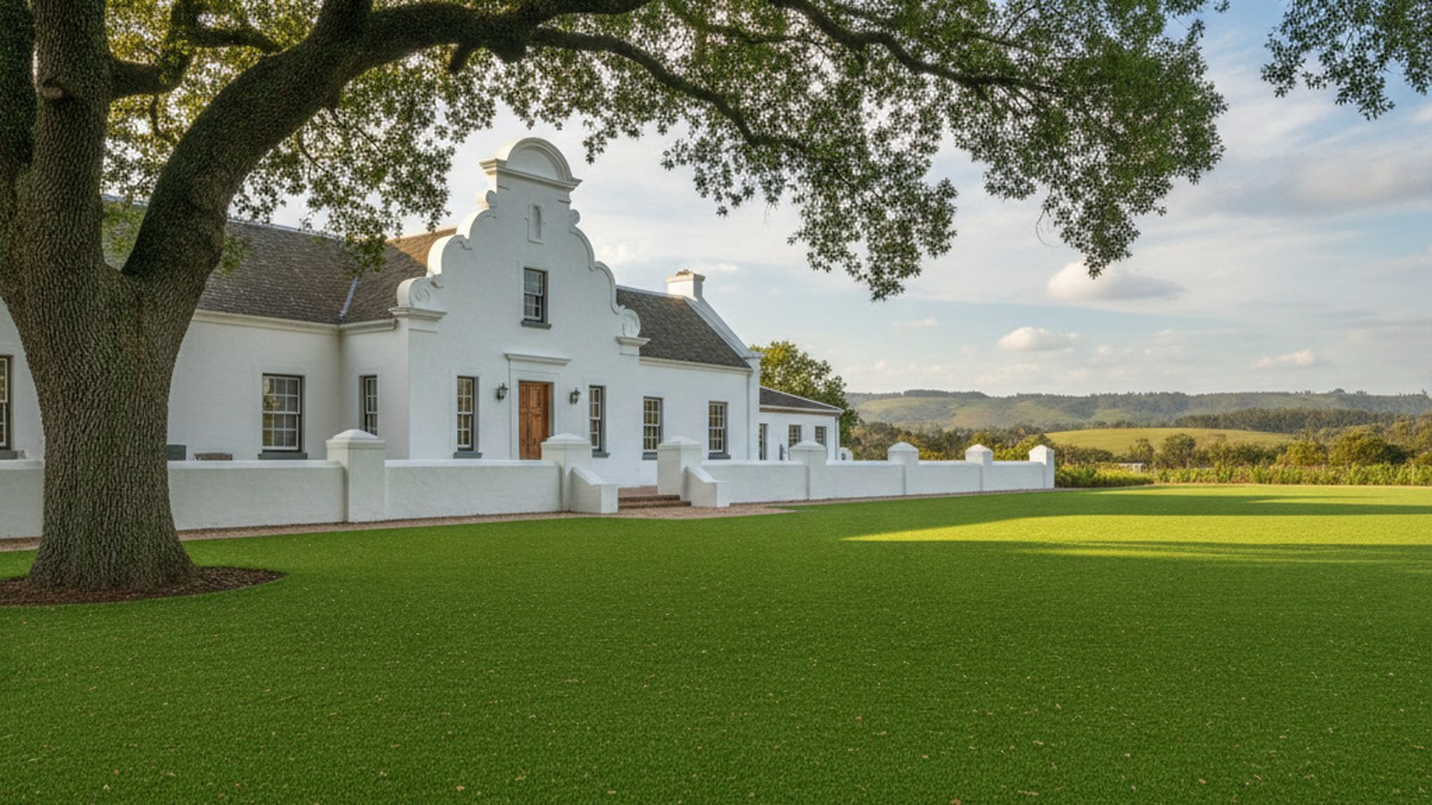 Artificial grass lawn in front of a Cape Dutch style home in Somerset West